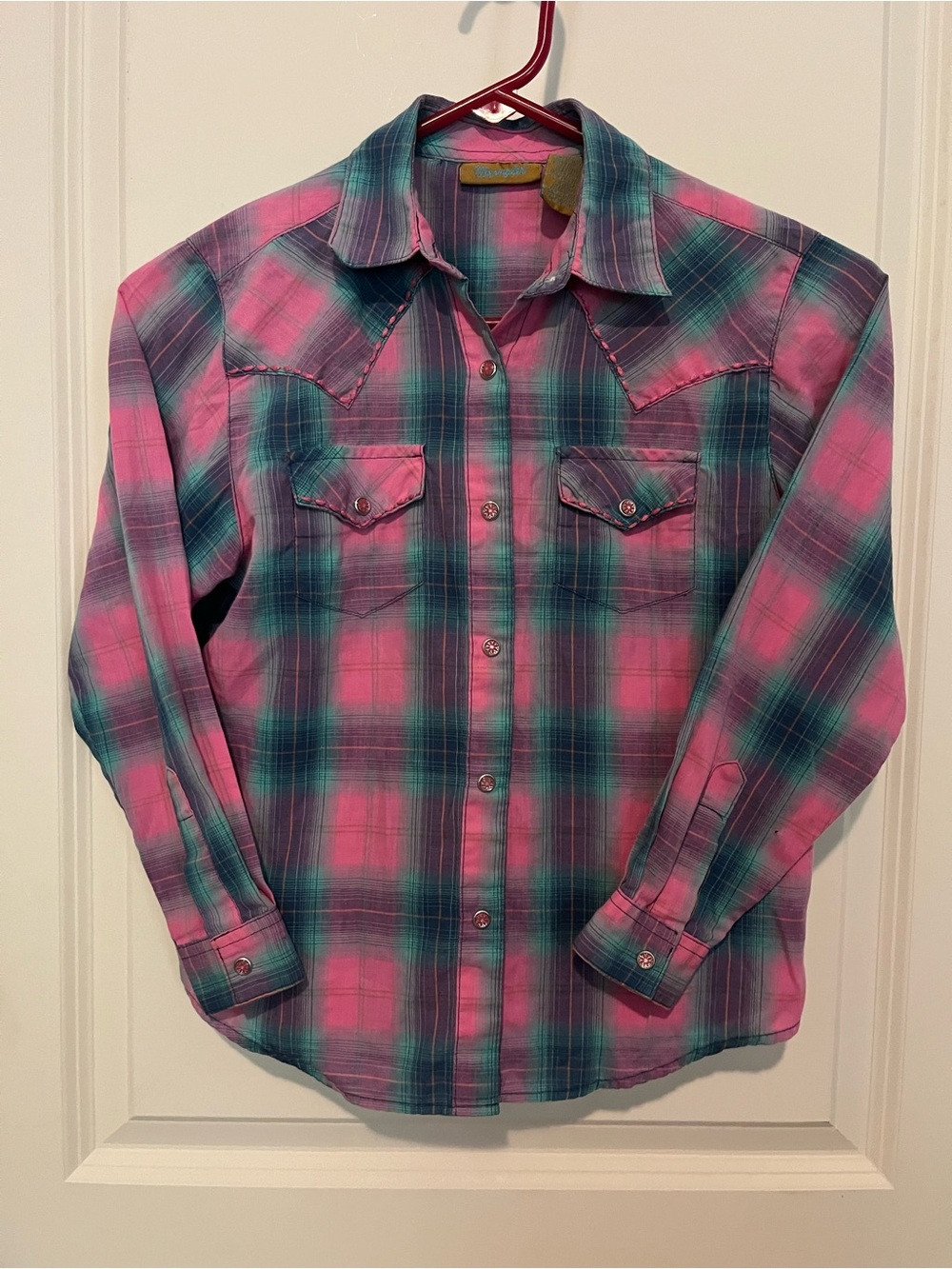 Wrangler Pink & Teal Plaid Western Snap Shirt - Kids